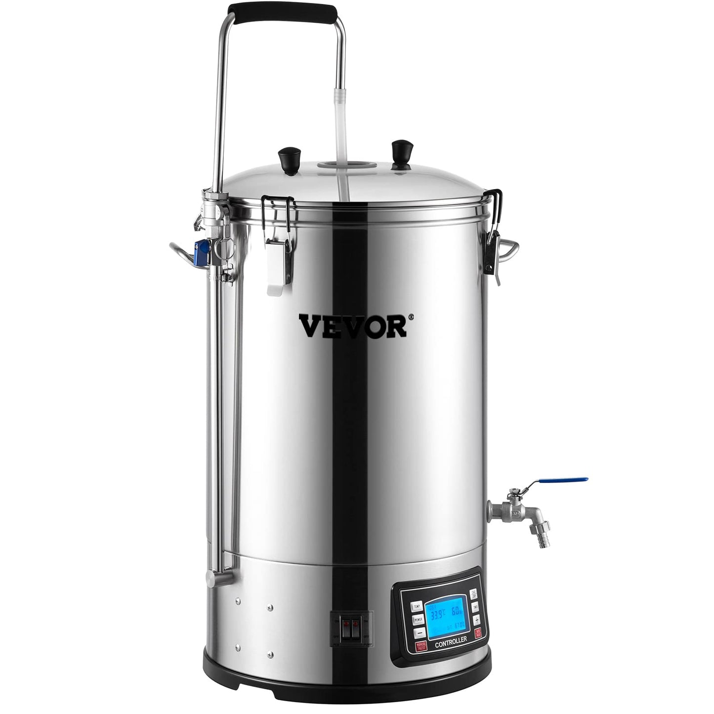 VEVOR Electric Brewing System, 9.2 Gal/35 L Brewing Pot, All-in-One Home Beer Brewer w/Pump, Mash Boil Device w/Panel, Auto/Manual Mode 100-1800W Power 25-100℃ Temp 1-180 min Timer Recipe Memory