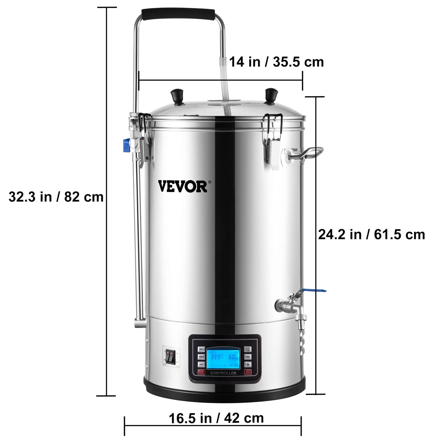 VEVOR Electric Brewing System, 9.2 Gal/35 L Brewing Pot, All-in-One Home Beer Brewer w/Pump, Mash Boil Device w/Panel, Auto/Manual Mode 100-1800W Power 25-100℃ Temp 1-180 min Timer Recipe Memory