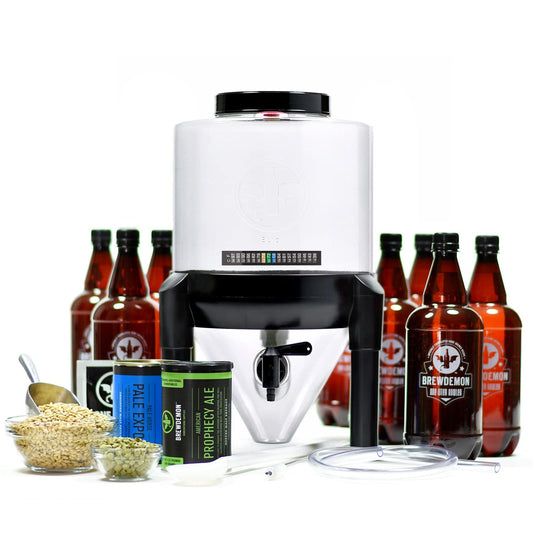 BrewDemon Premium Beer Making Kit Extra with Bottles - Our Patented Conical Fermenter Eliminates Sediment and Makes Great Tasting Beer at Home - Includes our 2 Gal. American Ale Recipe