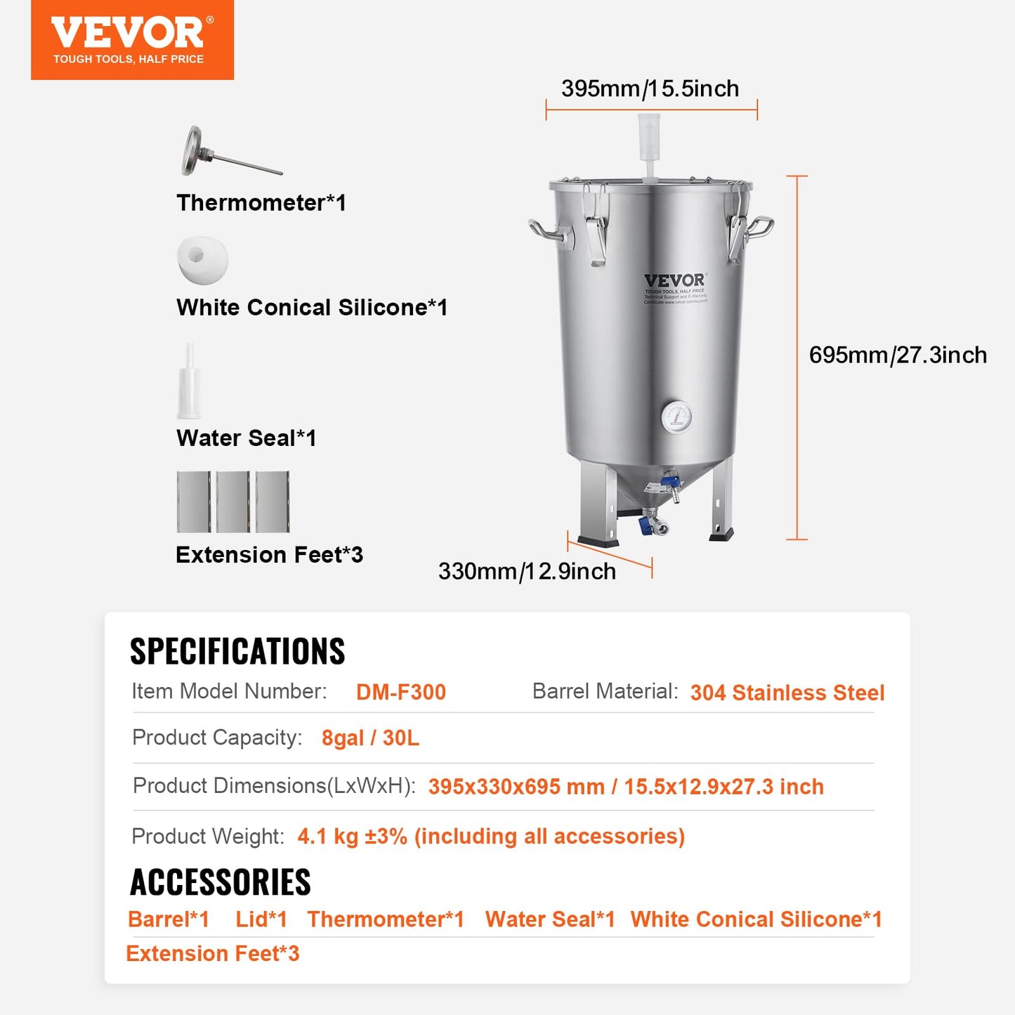 VEVOR Fermentation tank 8 Gallon Stainless Steel Beer Brew Fermentor Brew Bucket Fermentor for Home Brewing with Conical Base Brewing Equipment