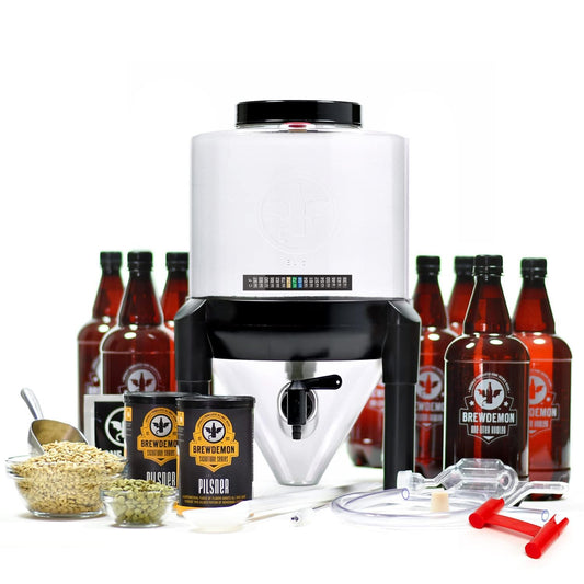 BrewDemon Signature Pro Beer Making Kit with Bottles - Conical Fermenter Eliminates Sediment and Makes Great Tasting Home Brewed Beer - 2 Gal. Pilsner Recipe Ingredients