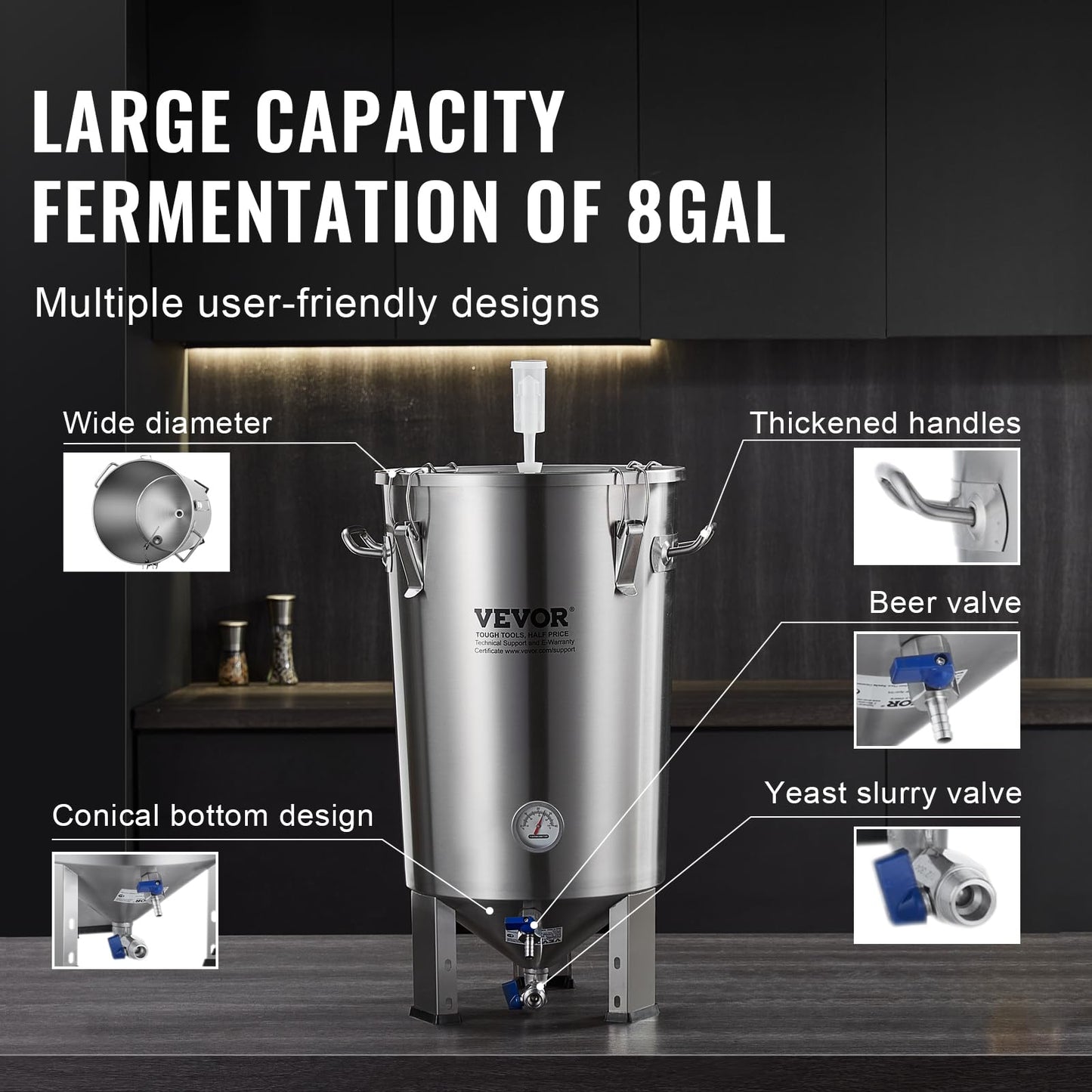 VEVOR Fermentation tank 8 Gallon Stainless Steel Beer Brew Fermentor Brew Bucket Fermentor for Home Brewing with Conical Base Brewing Equipment