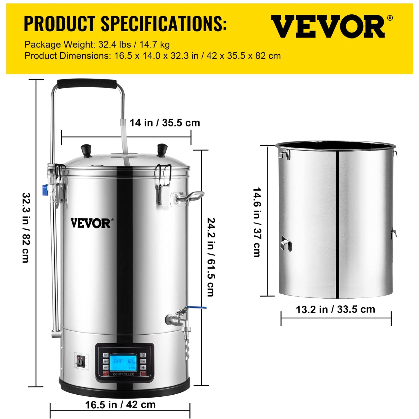 VEVOR Electric Brewing System, 9.2 Gal/35 L Brewing Pot, All-in-One Home Beer Brewer w/Pump, Mash Boil Device w/Panel, Auto/Manual Mode 100-1800W Power 25-100℃ Temp 1-180 min Timer Recipe Memory